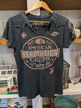 Affliction Biker V Neck Black Cotton T-shirt Size Large